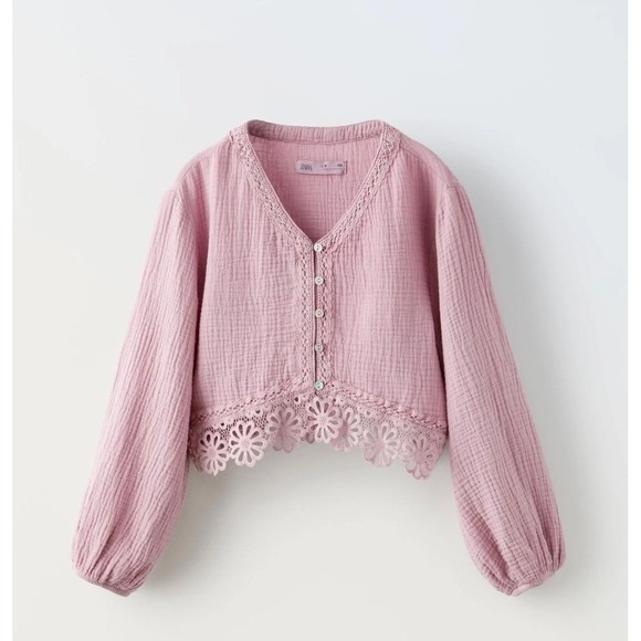 Zara Tops - Zara Girls Mauve Pink Gauze Crochet Lace Trim Button Crop Top Boho Size 11-12